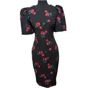 Calvin Klein Black Red Floral Embroidered Sheath Dress Puff Sleeve 8